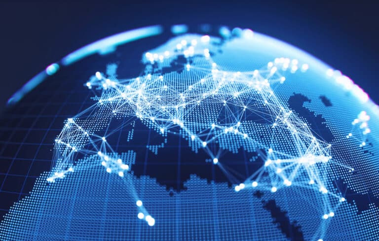 Post-quantum globe with different connections across blue globe.