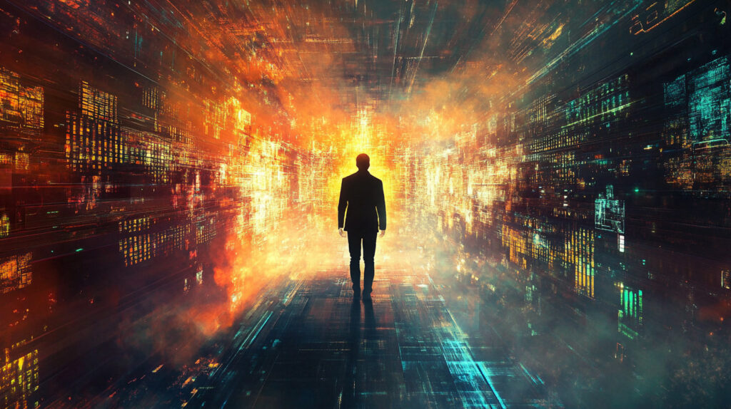 Man walking into future of quantum computing after dispelling quantum myth. 