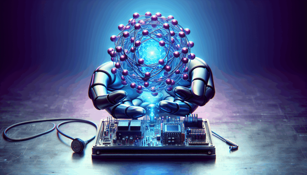 Quantum myth versus reality. Hands holding photons over a computer.