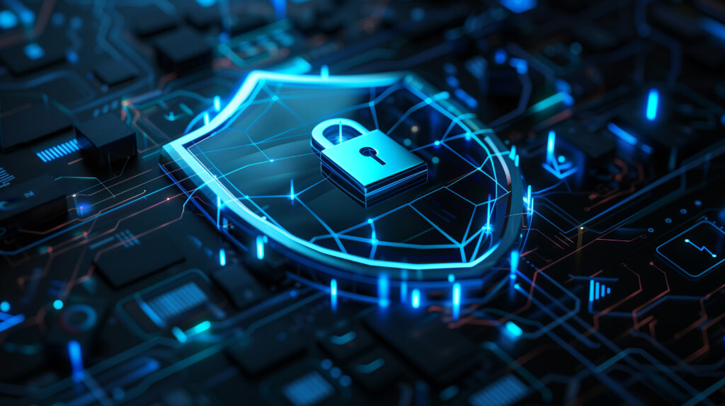 Q-Day lock on a blue shield with technology lines