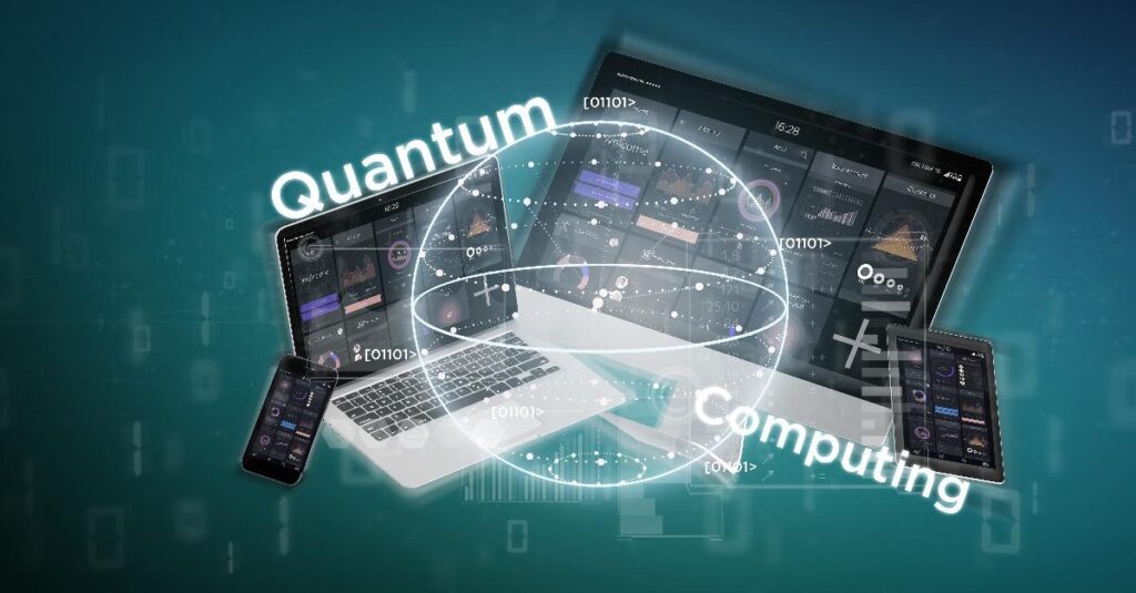 Quantum computing written over a white globe with a phone, laptop, desktop, and tablet in the background.